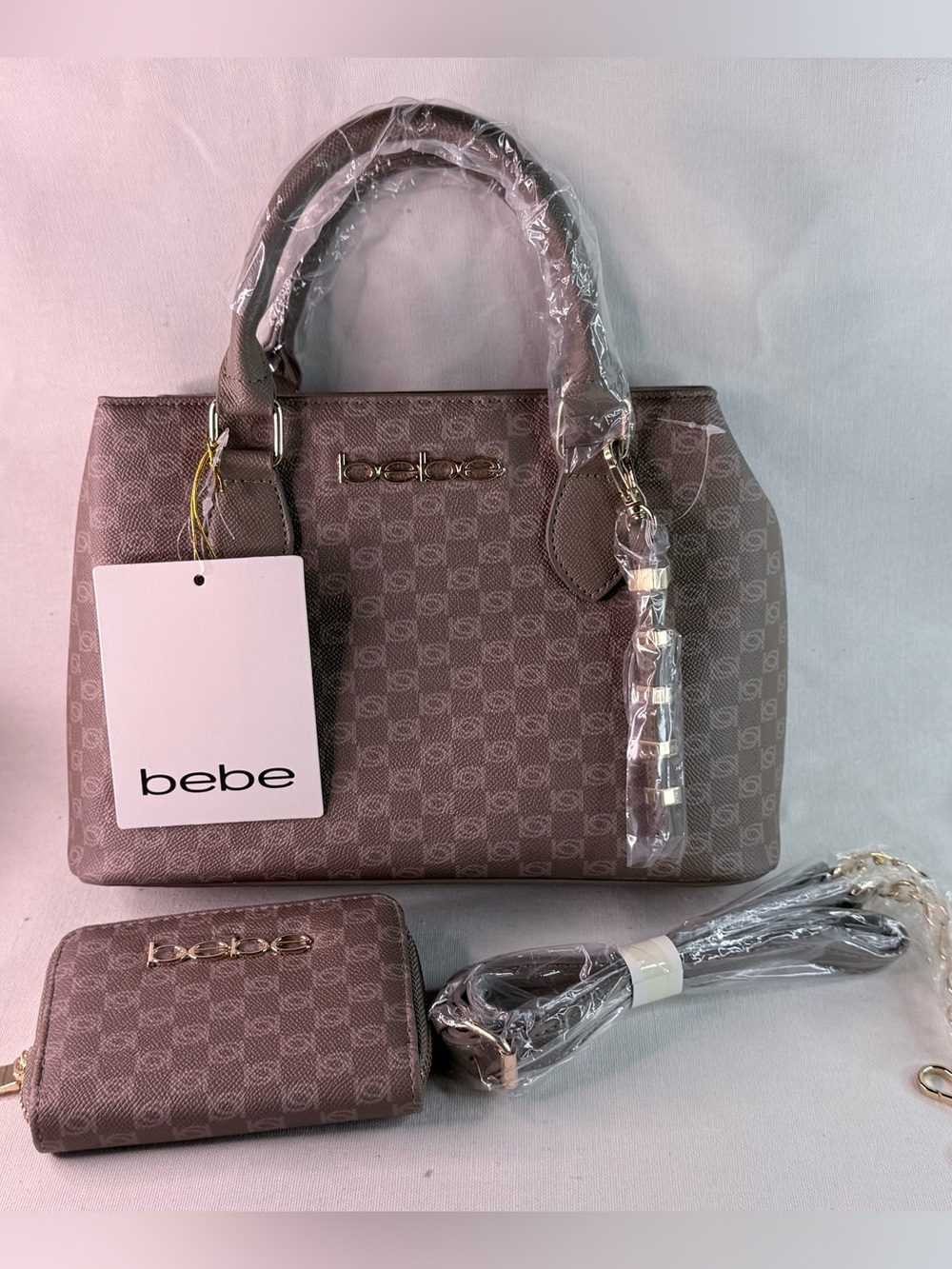 bebe Taupe Logo Satchel with Matching Wallet and keychain - Picture 4 of 15